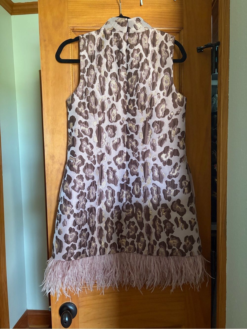 Cara Cara Pink and Brown Metallic Leopard Feather Hem Shift Dress - Picture 3 of 4